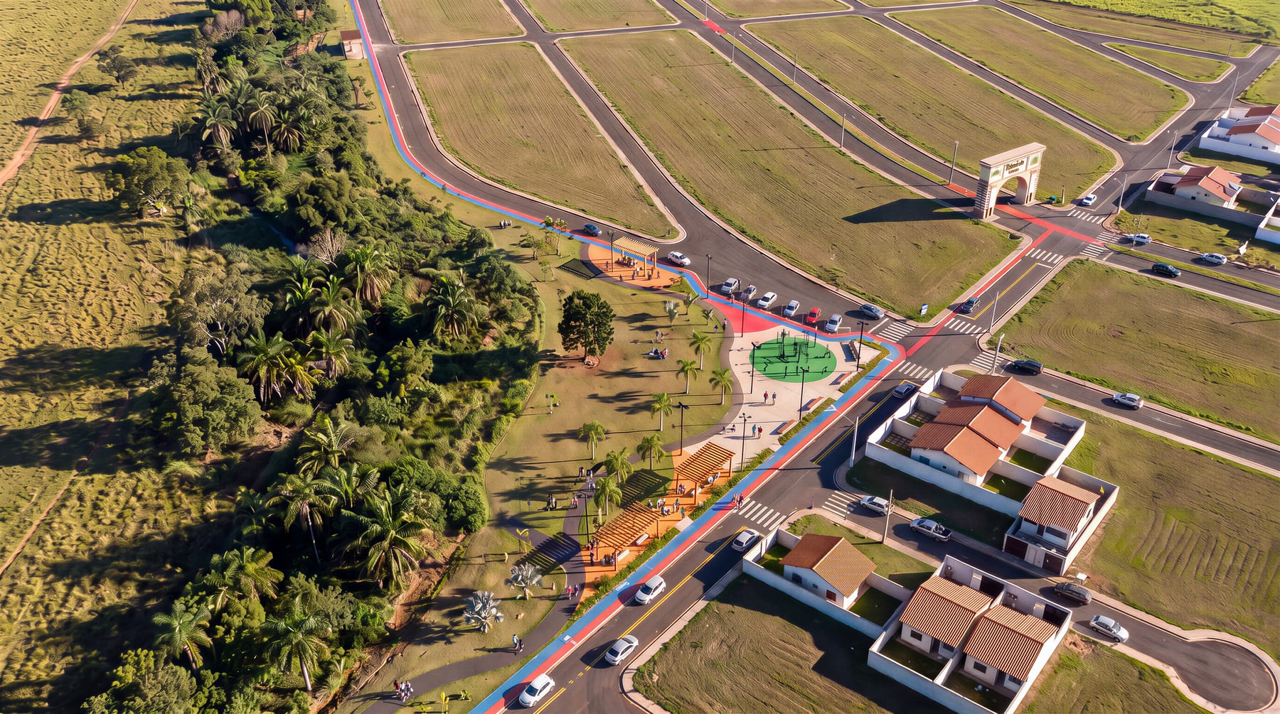 Render aéreo do parque linear ligando quadras, ciclovia e a borda da mata